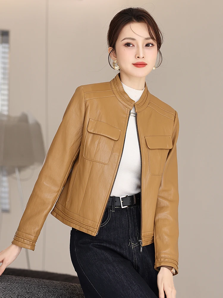   Ning Veste en cuir véritable pour femme, style motard, en peau de mouton, coupe ajustée, nouvelle collection printemps-automne