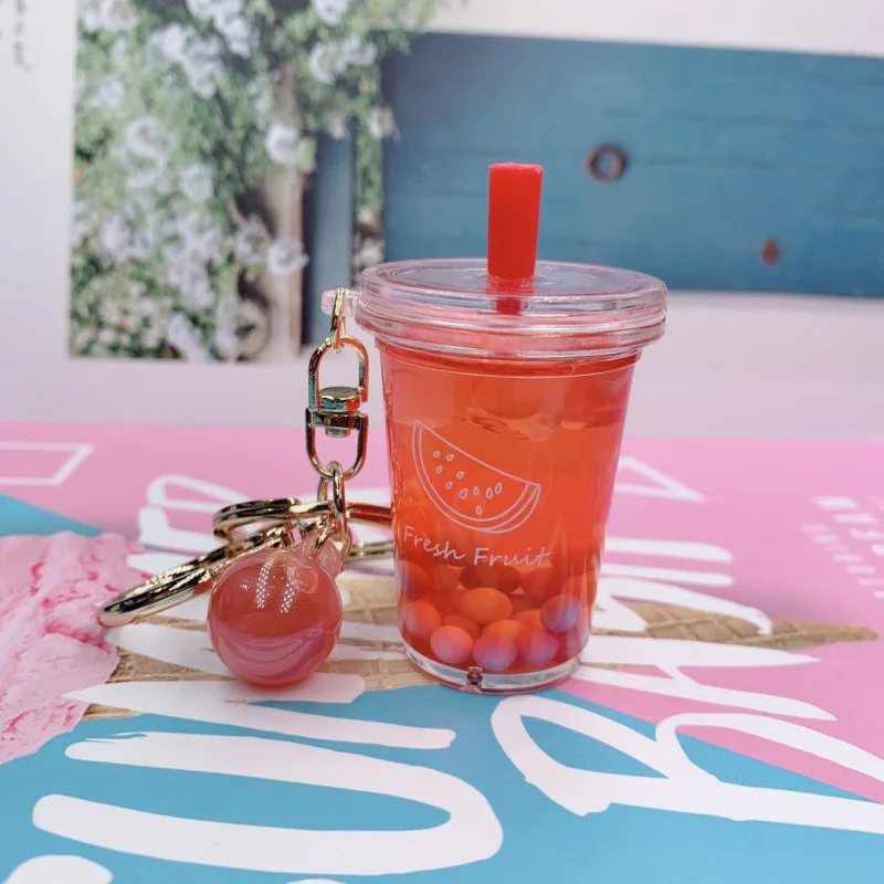 Hot simulation food oil quicksand liquid pendant mini bubble tea floating keychain