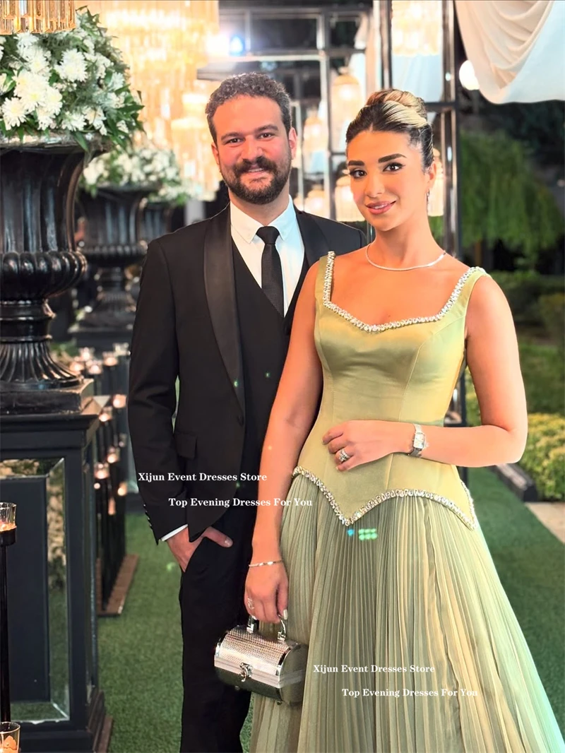 Xijun Gogerous Sage Green Evening Dresses Spaghetti Strap Crystal Ruched Prom Dresses Sleeveless A-Line Formal Prom Gowns Custom image 2