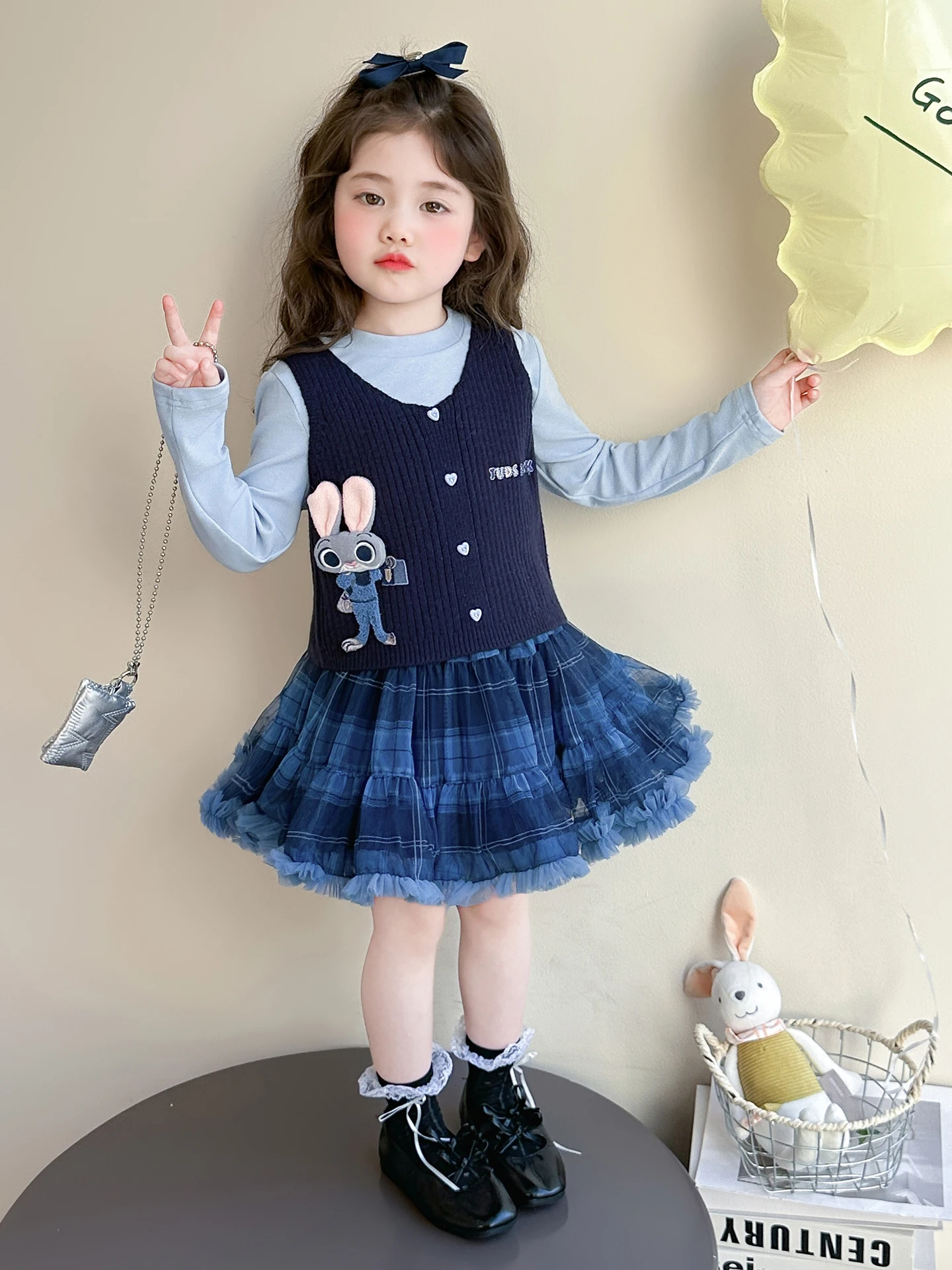 

Комплект для девочек: вязаный жилет и модная юбка из фатина, весенне-осенний костюм из двух предметов, школьная форма, ветрозащитная одежда