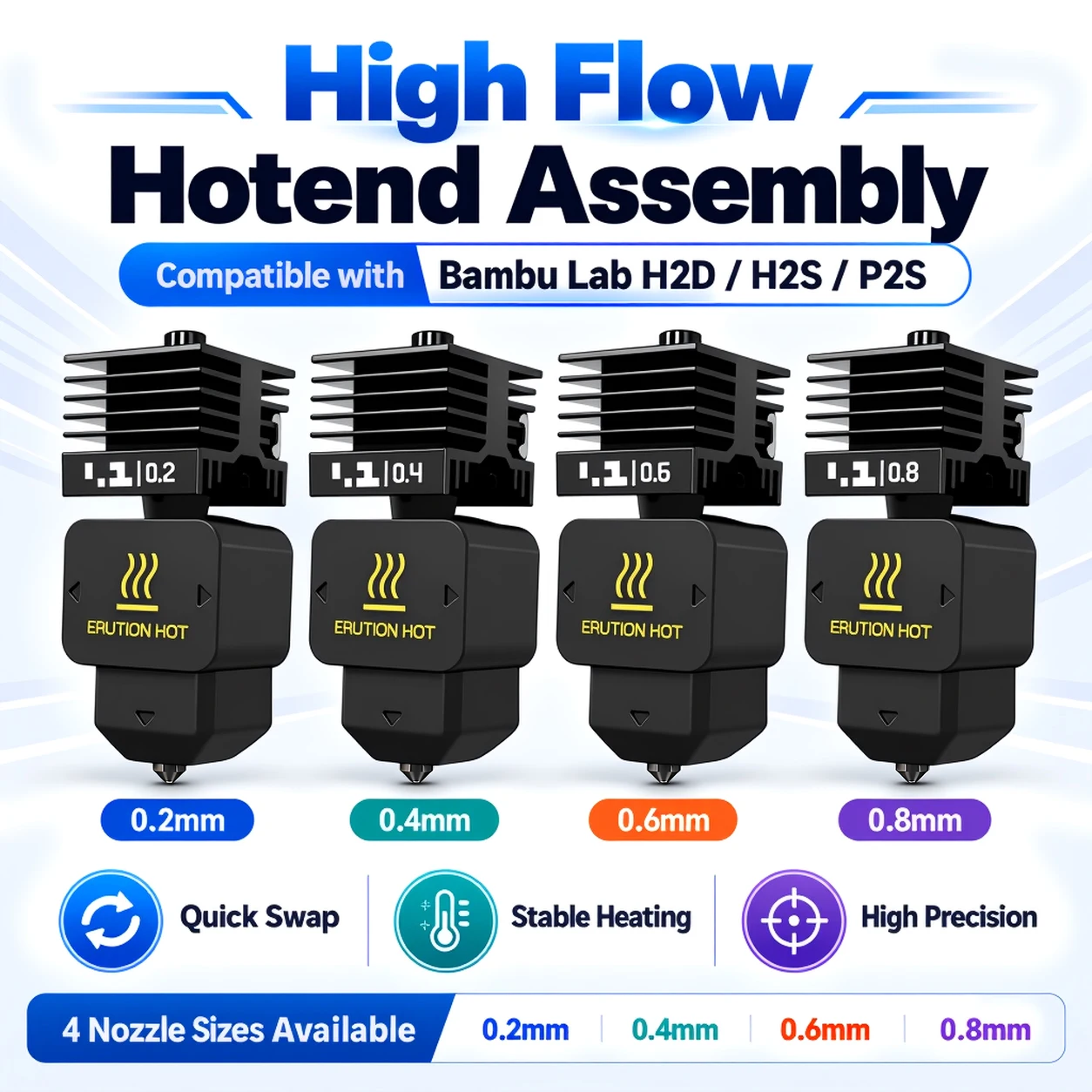 High Flow Hotend Assembly Replacement Compatible with Bambu Lab H2D H2S P2S 0.2 0.4 0.6 0.8mm Quick Swap Nozzle