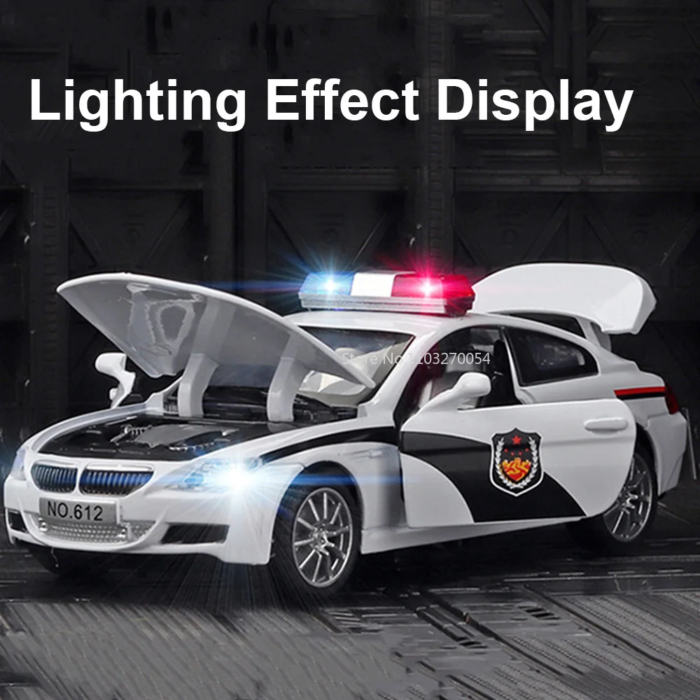 1/32 Alloy Police Car Model Toys Diecast Metal Body With Pull Back Sound Light 4 Door Opened Vehicle Kids Gift Boy Birthday Gift