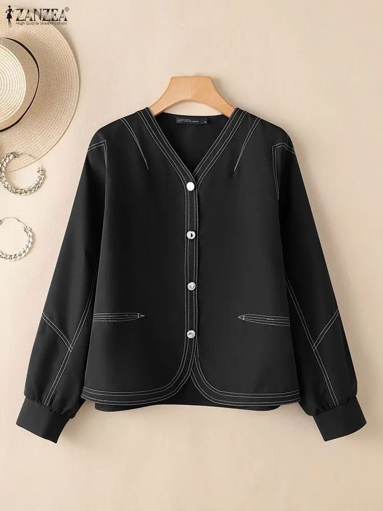 ZANZEA Stylowa Jesienna Koszula 2025 Damska Odzież Wierzchnia Modny Kardigan z Długim Rękawem w Kontrastowych Kolorach Cienkie Bluzki Zapinane na Guziki