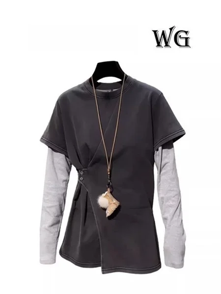 

Spring 2026 Casual Korean Style Pure Cotton T-Shirt Women's Patchwork Top Waist-Cinching Design Fake Two-Piece Ensemble