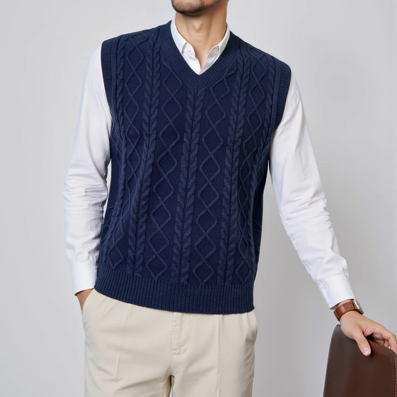 

Thick Knit Vest Men's Autumn and Winter Loose V-neck Sweater Vest Fried Dough Twists Sleeveless Sweater Waistcoat
