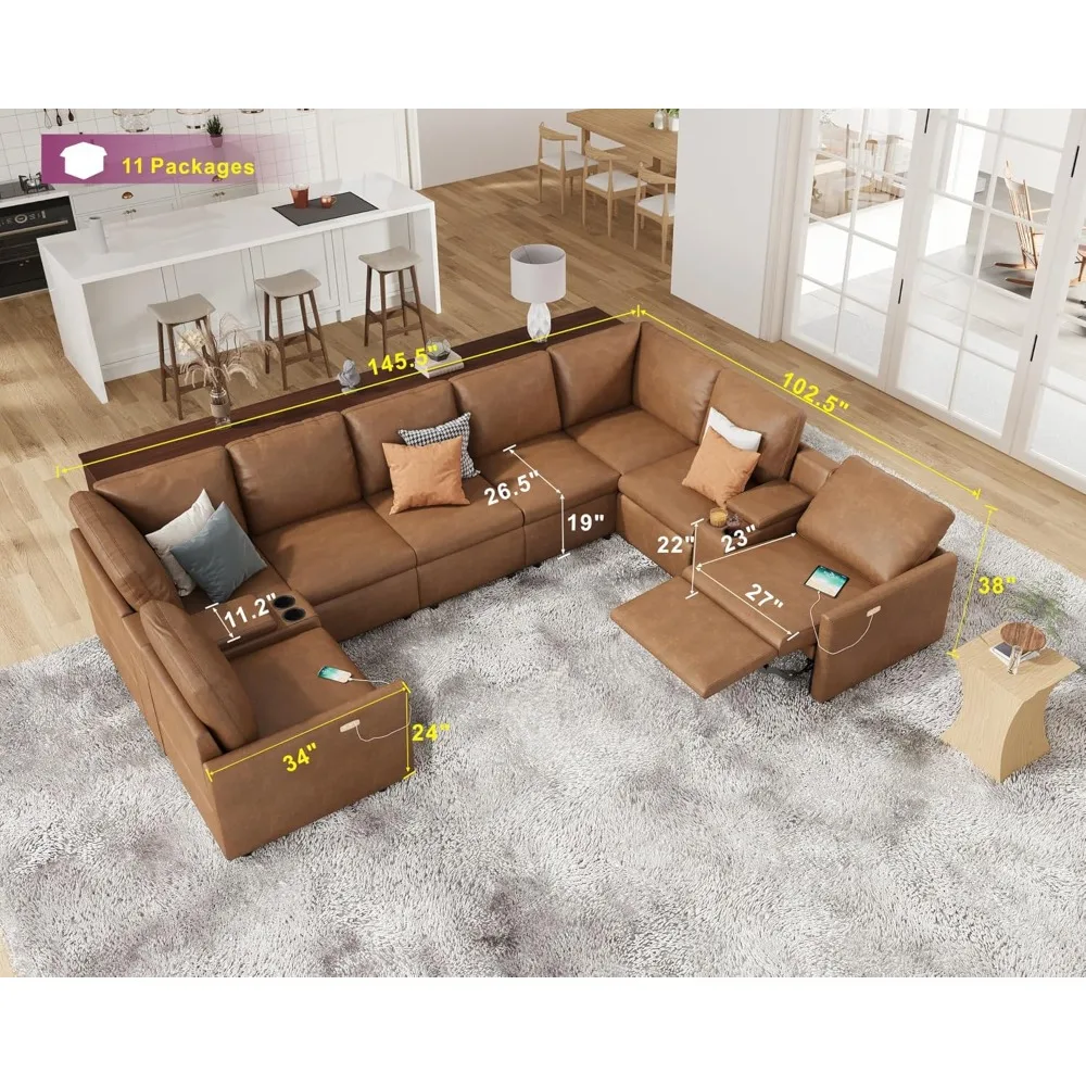 Reclining Sectional Sofa, Power Recliner Right Recliner, 8 Seats U Shaped Couch, Leather Modular Sofa for Living Room