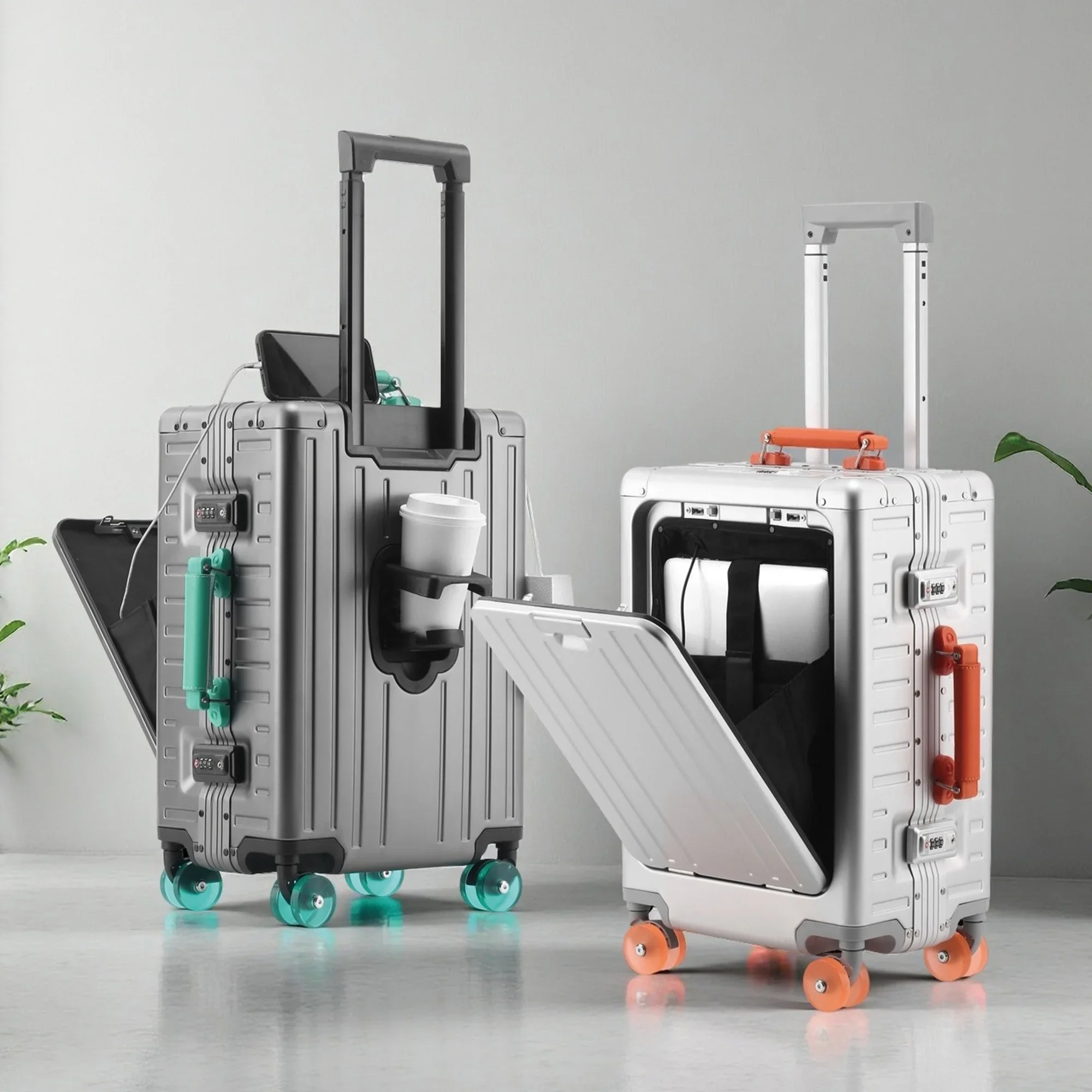 

Multifunctional Aluminum Magnesium Alloy Luggage Front Opening Trolley Suitcase Cup Holder Hook Silent Wheel TSA Lock Travel Bag