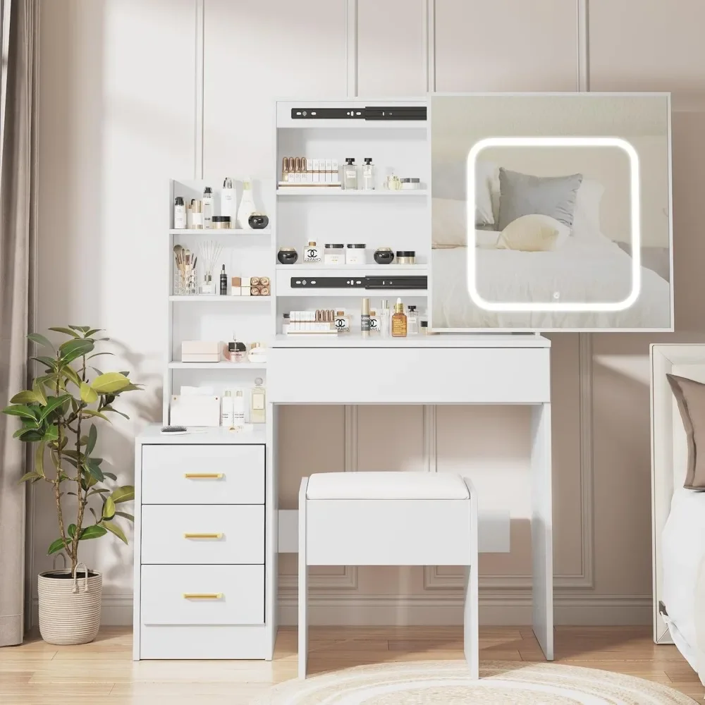 

Bedroom Dresser with Electrical Outlet 4 Drawer Storage Cabinet Dresser with Sliding Mirror and Lighting Dresser Set with Stool