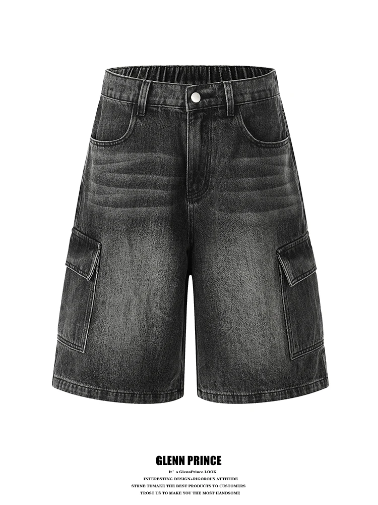 GPstudio American Retro Washed Black Denim Shorts Men's Summer Straight Leg Five-Quarter Workwear Mid-Pocketed Casual Shorts