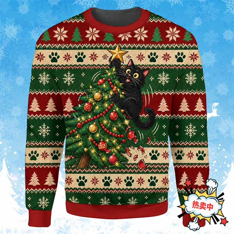 Funny Black Cat 3D Print Ugly Christmas Sweatshirt For Men Women Crewneck Sweater Xmas Holiday Pullover Gifts For Cat Lovers