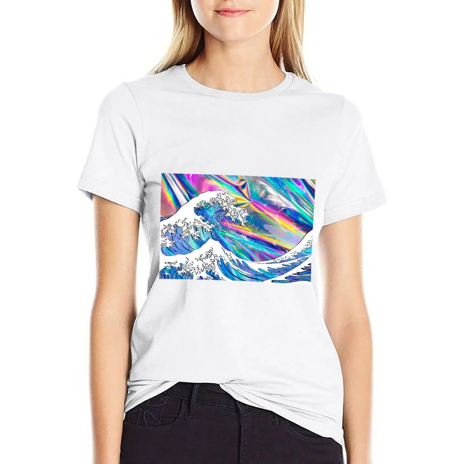 

Great Wave Holographic T-shirt oversized kawaii clothes Woman T-shirts