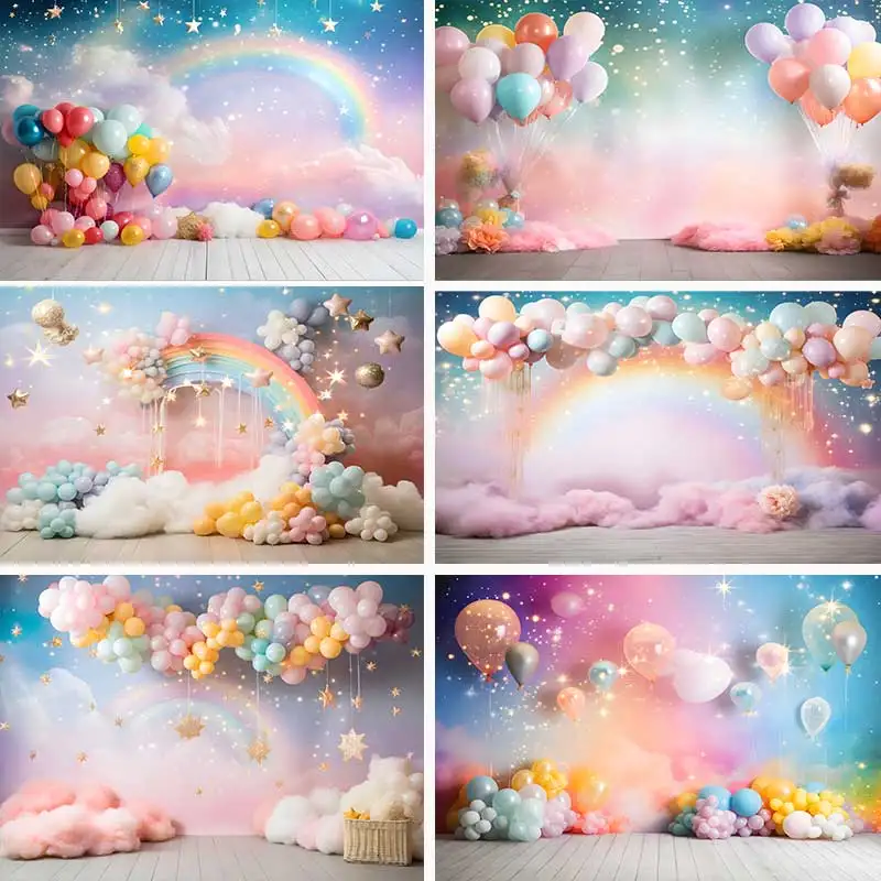 Rainbow Clouds Party Backdrops Girl Princess Birthday Photography Cake Smash Balloons Lights Stars Background Photo Shoot Studio