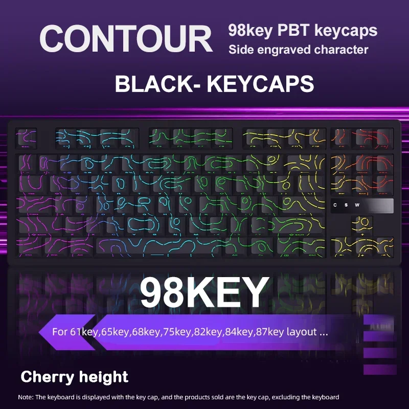 

98-Key PBT Keycaps Topographic Side Engraved Translucent Characters Backlit Cherry Profile for 61/65/68/75/82/84/87 Layouts DIY