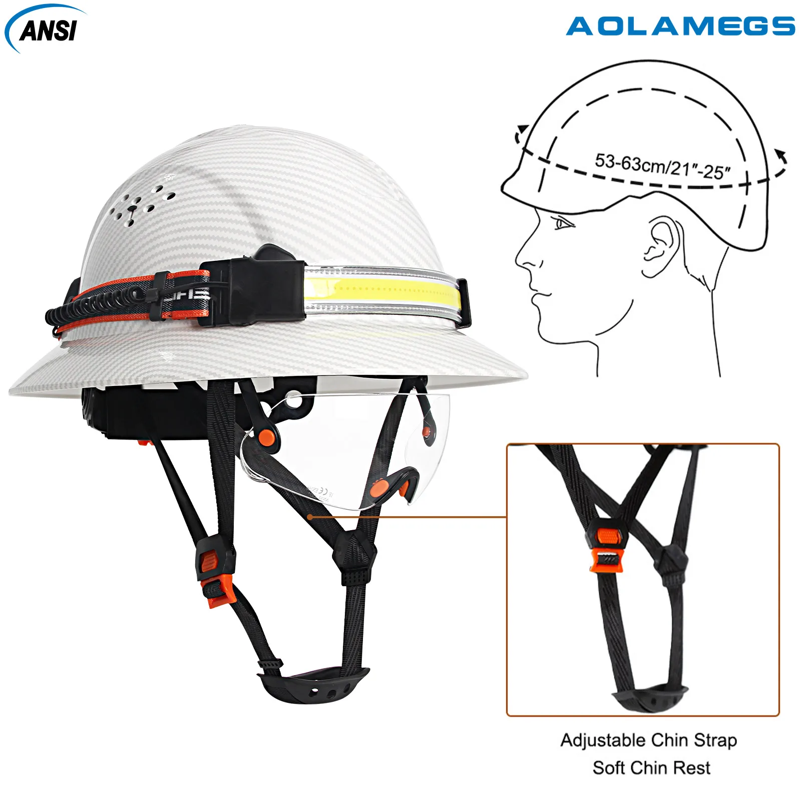 CE Full Brim Safety Helmet with Goggles Head Lamp Construction ANSI Hard Hat Protective Night Working Rescue Cap Head Protection