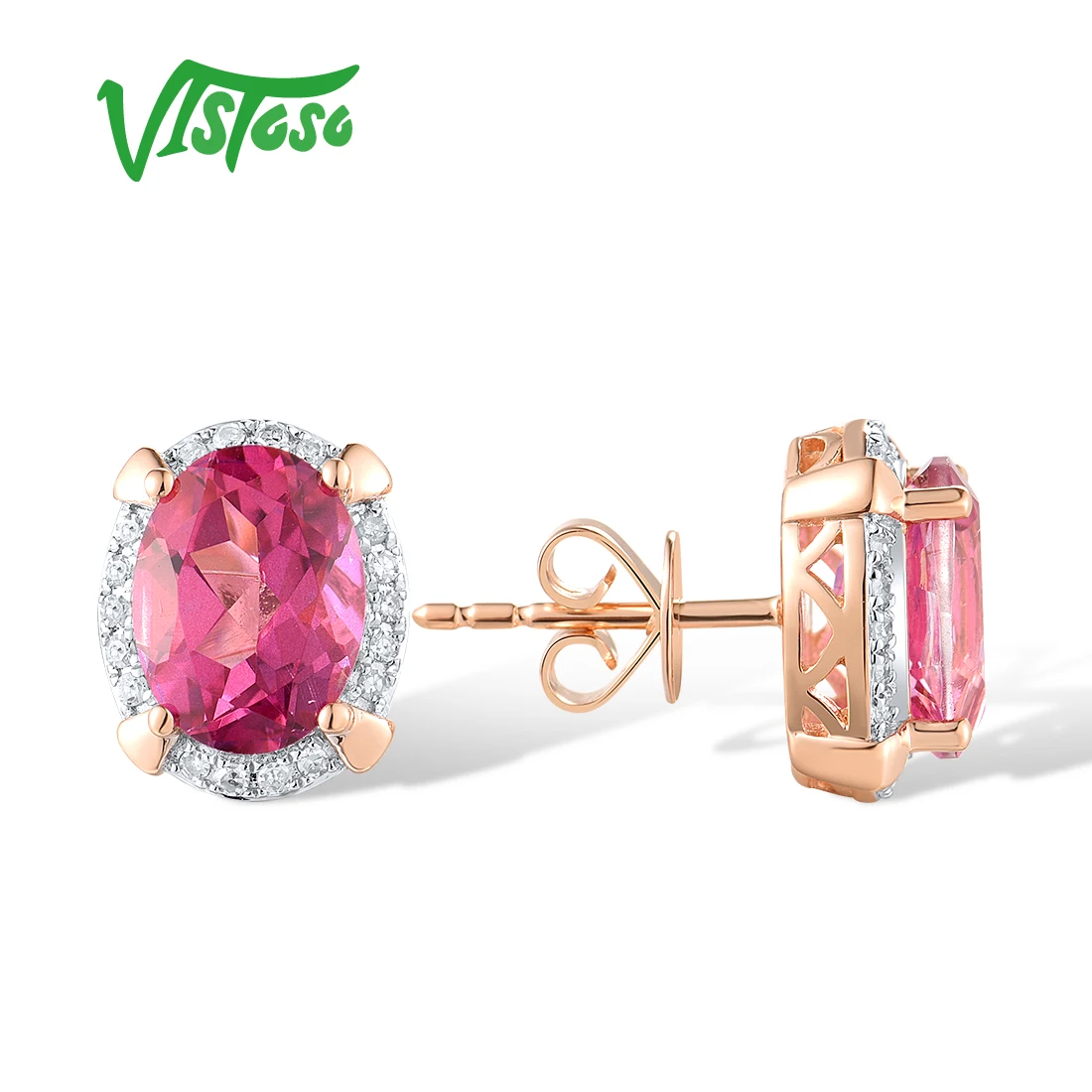 VISTOSO Pure 14K 585 Rose Gold Stud Earrings For Women Sparkling Diamond Oval Pink Topaz Simple Wedding Bridal Fine Jewelry