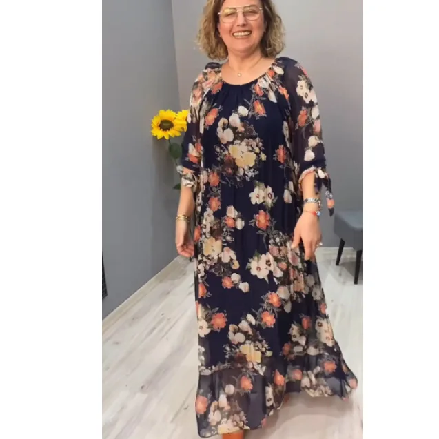 Abito lungo con stampa floreale a maniche lunghe con scollo a O alla moda da donna 2025 Abiti maxi casual larghi primaverili per donna Robe Femme