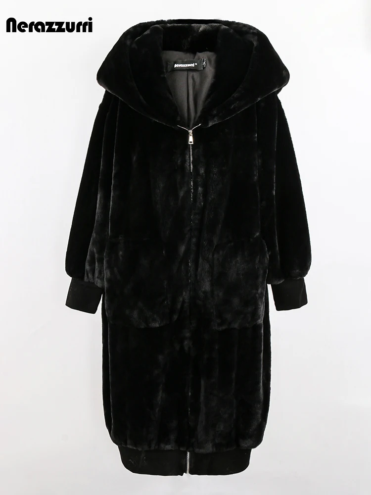 Nerazzurri Winter Long Oversized Black Thick Warm Soft Faux Fur Coat with Hood Zipper Loose Casual Luxury European Fashion 2022