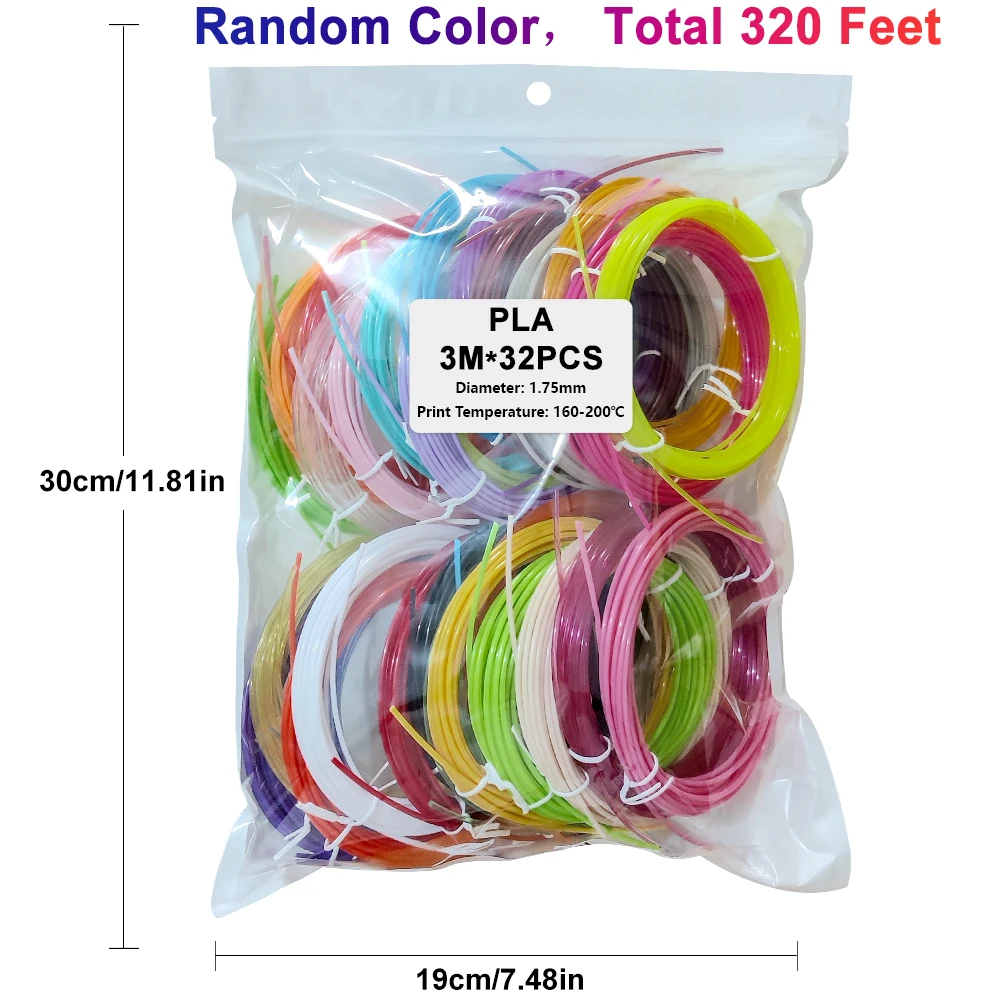 32 kleuren 3D-penfilament 1,75 mm PLA, elke kleur 10 voet (3 m), totaal 320 voet (96 m) 3D-penfilamentvullingen, willekeurige kleur