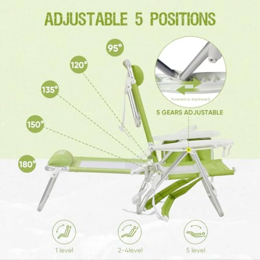 حقيبة ظهر لكرسي الشاطئ مكونة من 5 أوضاع كرسي صالة مسطح للبالغين عالي التحمل وقابل للطي وخفيف الوزن مع مبرد B #4