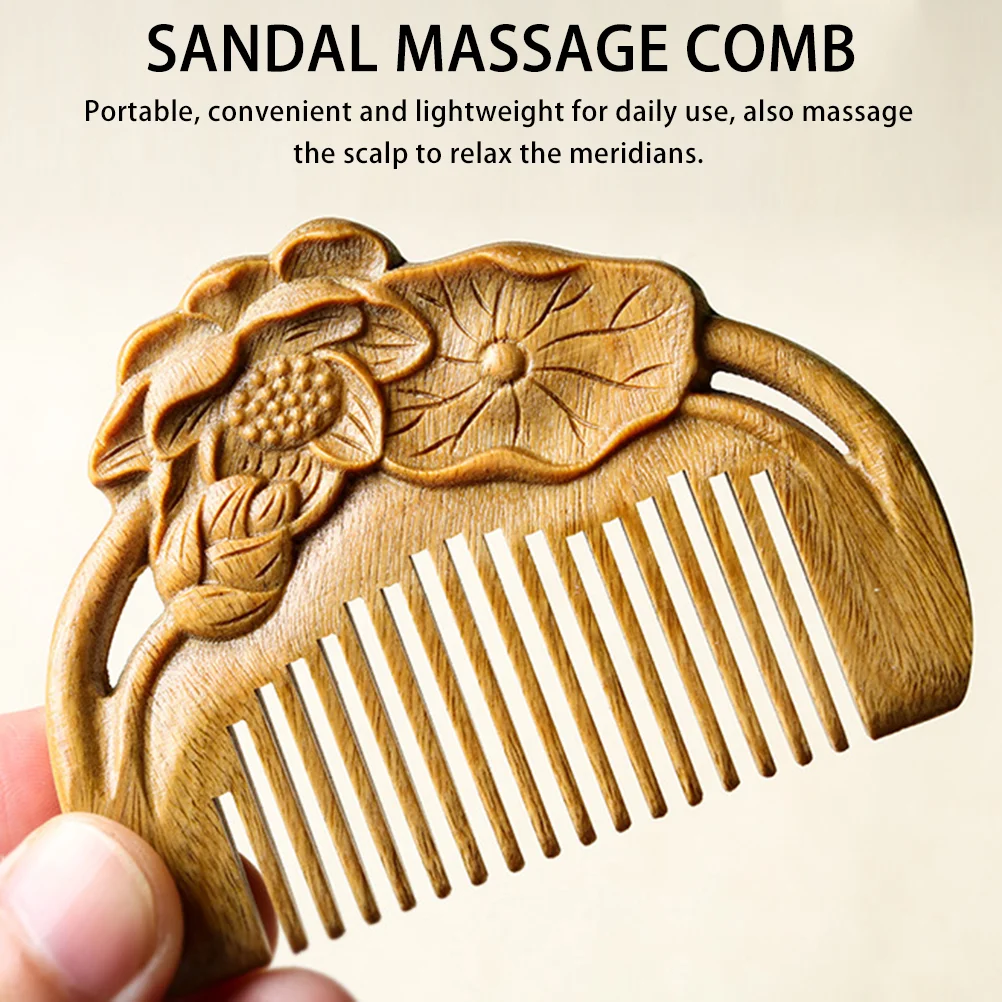 Houten Kam Hoofdhuid Massager Sandaal Haarborstel Japanse stijl Groen Sandelhout Gesneden Lotus