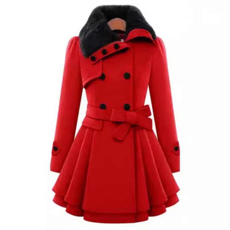 Women New Double-breasted Mock Wool Coats Solid Colors Fur Collar Sashes Long Trench Autumn Winter Warm Coats Slim Casual Jacket