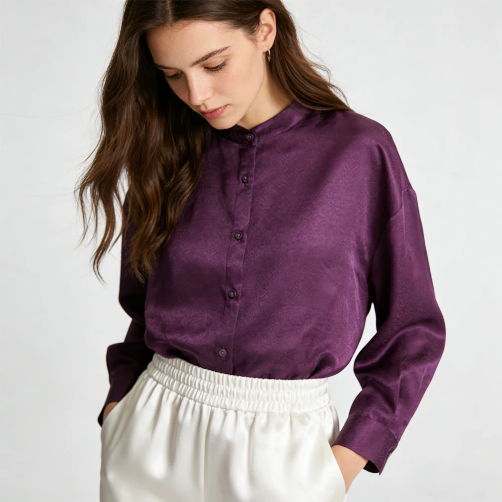 Women's Fashion Spring New Heavyweight 100% Natural Mulberry Silk Jacquard Satin Purple Stand Collar Three-quarter Sleeve Shirt