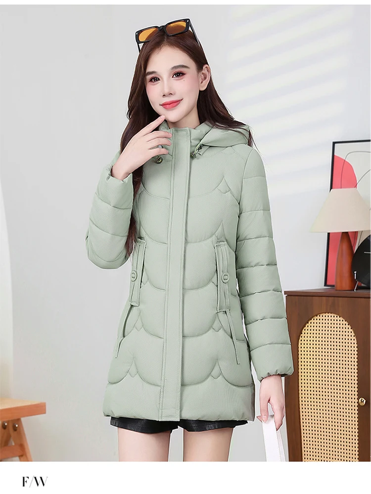 

Women's Thiened Cotton Jaet Faionable Slim Fit Winter Coat Warmth Sle Mid-Length Zipper Closure Removable Hat
