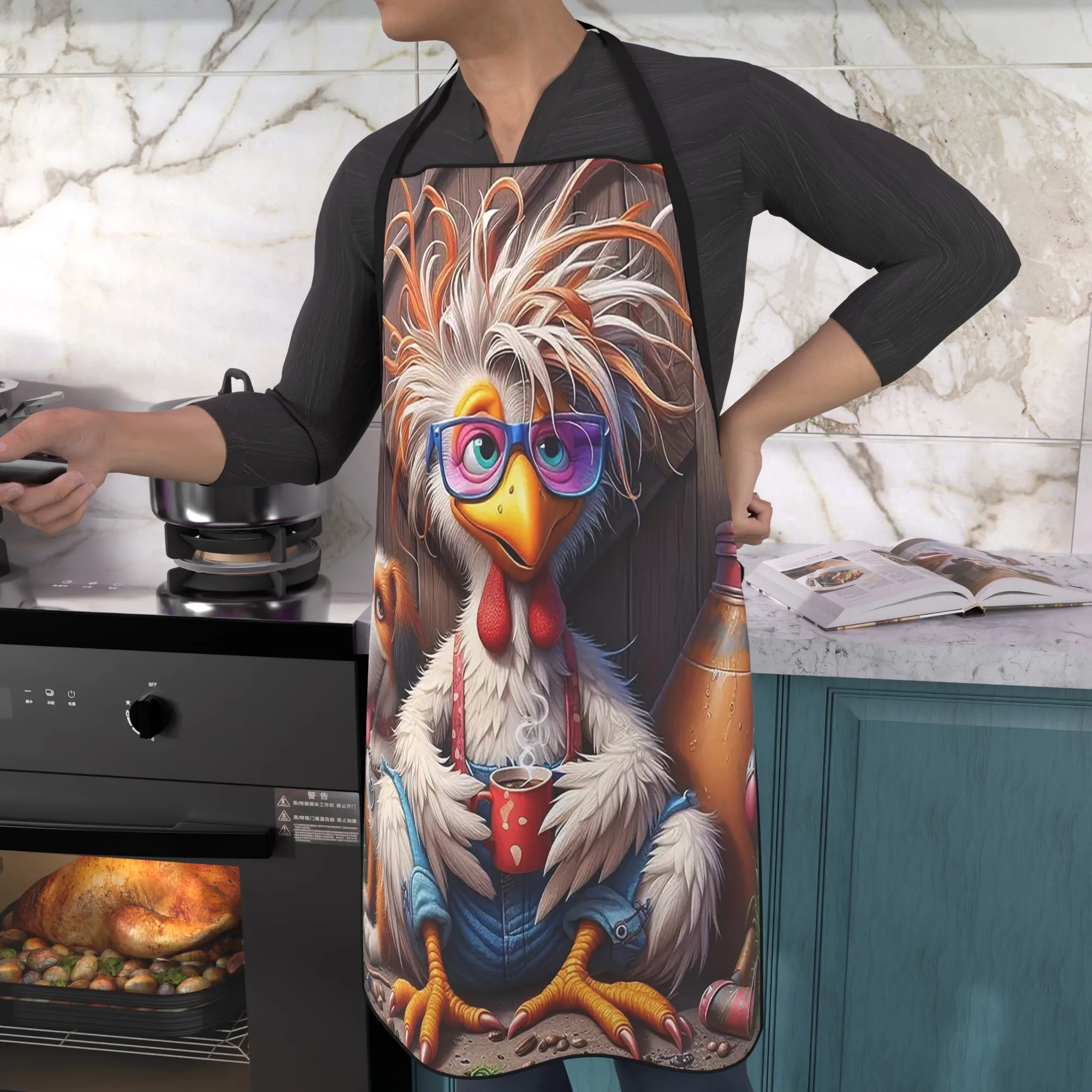 Funny Rooster and Dog Apron, Cool Cartoon Chicken with Glasses Graphic Cooking Bib, Novelty Farm Animal Kitchen Decor
