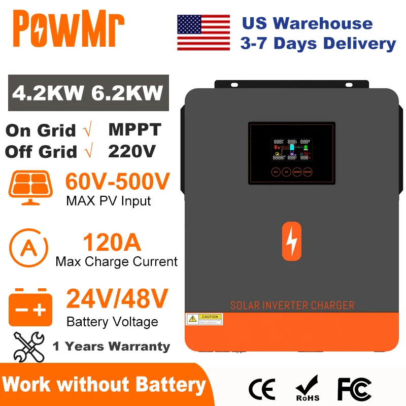 PowMr 6.2KW 4.2KW Hybrid Solar Inverter On Grid Pure Sine Wave Inverter 24V 48V 230V Dual Output with MPPT 120A Solar Charger