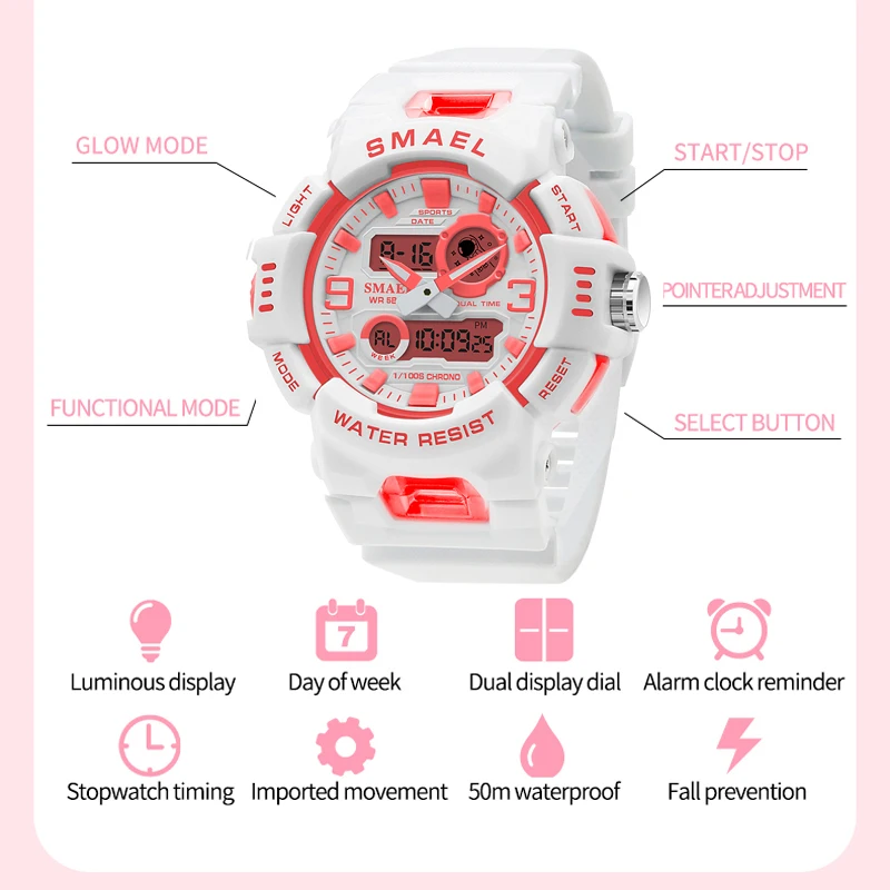 SMAEL Dual Time Sports Women Watch Quartz Student Wristwatches Fashion Female White Dual Time Digital Clock Lady Gift Auto Date