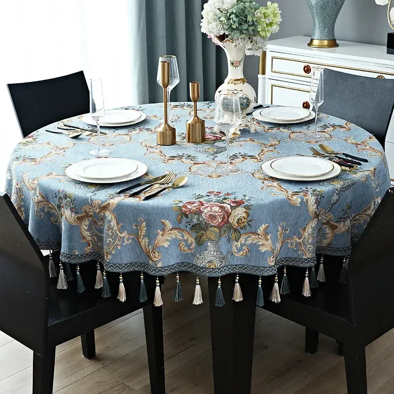 EIFLOY-European Round Tablecloth Fabric, Dining Coffee Table Cover, Large, with Tassels, Chenille Jacquard, Party Decoration