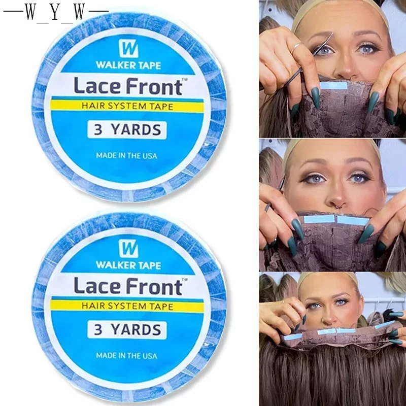 Pita Wig renda depan tahan air 3 yard, pita Wig renda depan tahan air kuat dua sisi transparan pita ekstensi rambut tanpa jejak, lem biru