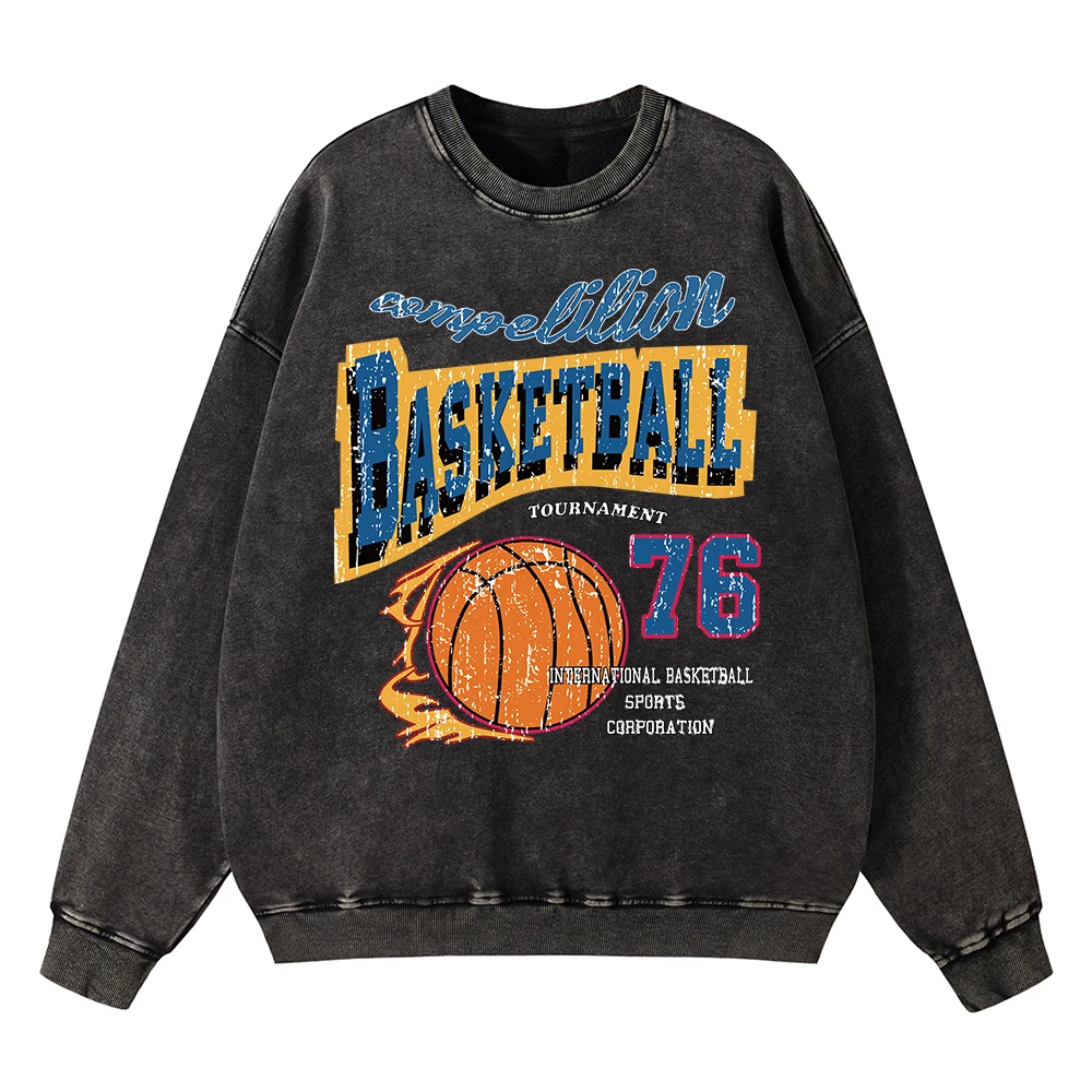 

Vintage Distressed Washing Basketball Fire Sport Style 76 Hoodie Men Autumn Streetwear Clothing Loose Casual Cotton Sweatshirt