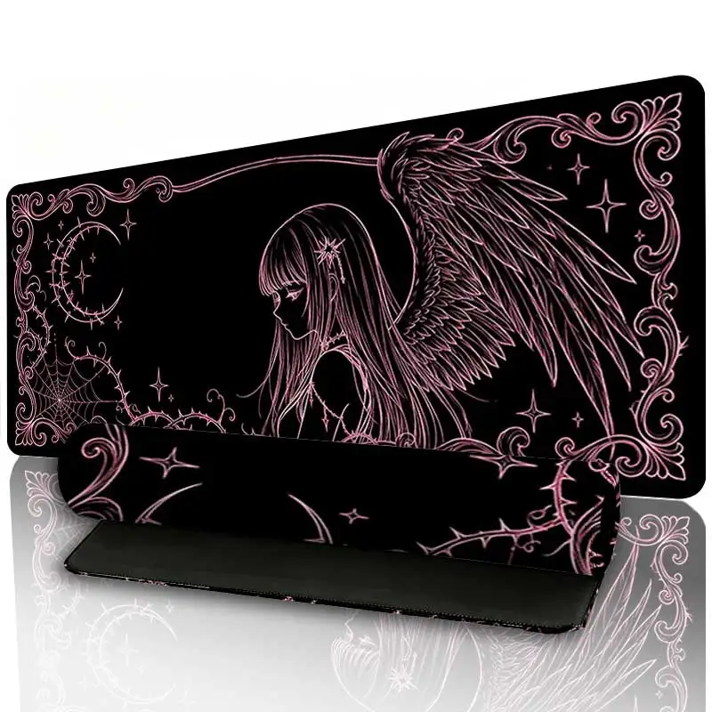 Gothic Anime Winged Angel Mouse Pad Pink Line Art Thorns Moon Spider Web Desk Mat Non Slip Rubber Base Pads for PC Work Gaming