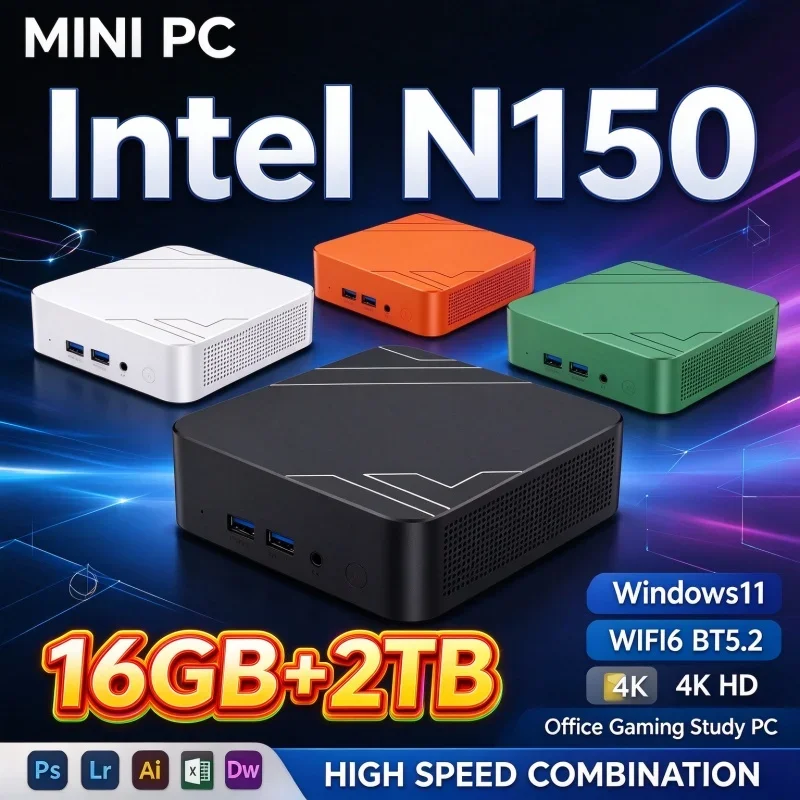 Intel N150 Small Form‑Factor Mini PC Windows 11 16GB RAM 1TB/2TB SSD WiFi6 BT5.2 High‑Speed PC 4K for Home Office Daily Gaming