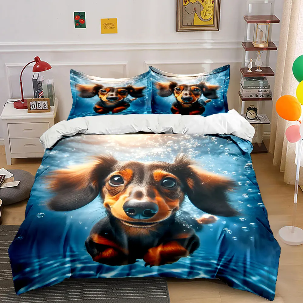 Close-up of swimming puppy Print Bedding Set 1 Duvet Cover 2 Pillowcases for Adult and Children Luxury Gift Full Size
