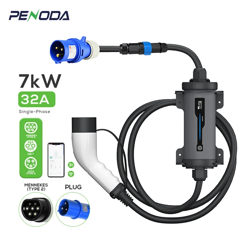 

PENODA 7KW 22KW 32A Portable Ev Ac Charger Adjustable Current Type 2 EV Charger For Home Charging Station EV Car Use