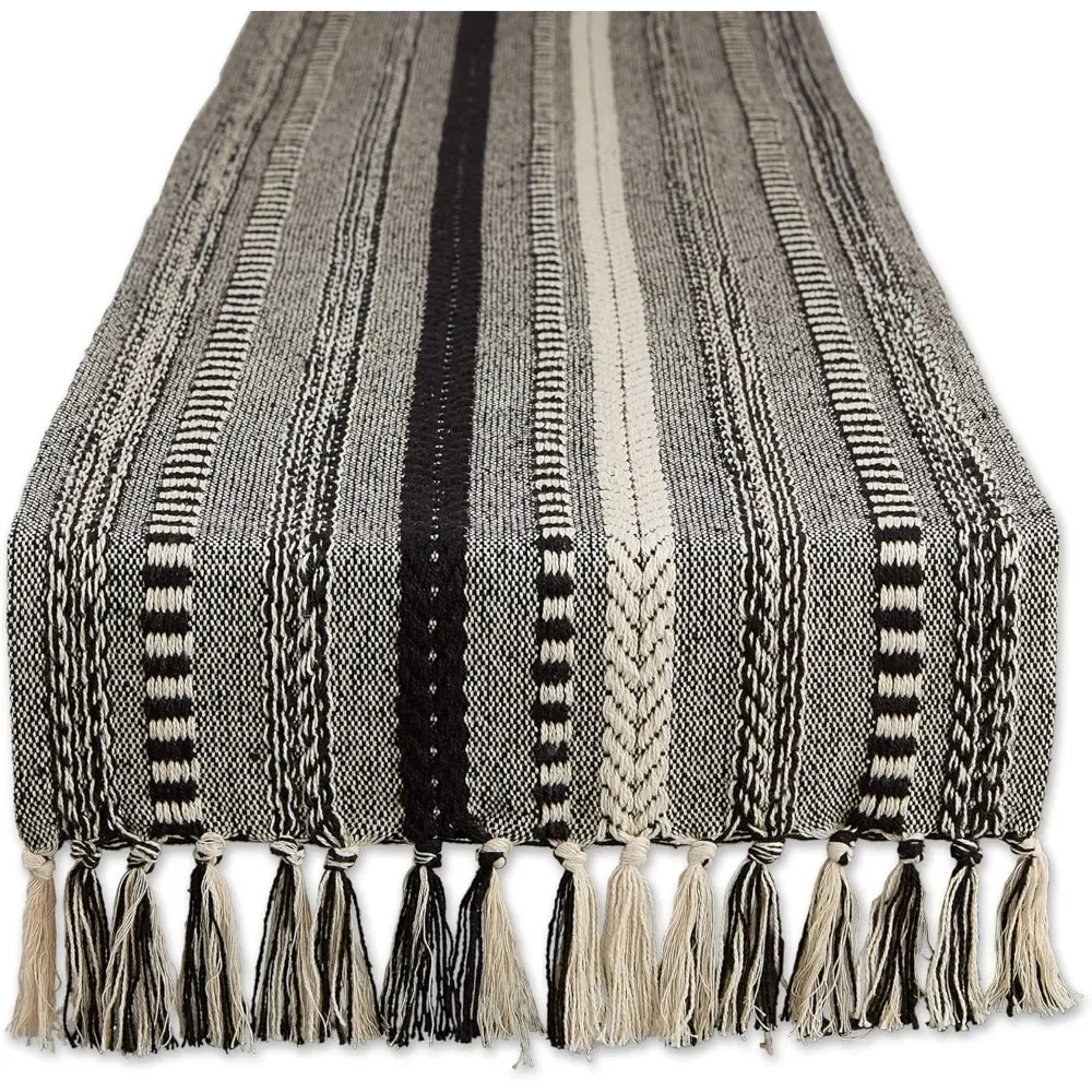 

Farmhouse Braided Stripe Table Runner Collection, 15x72 (15x77, Fringe Included), Black