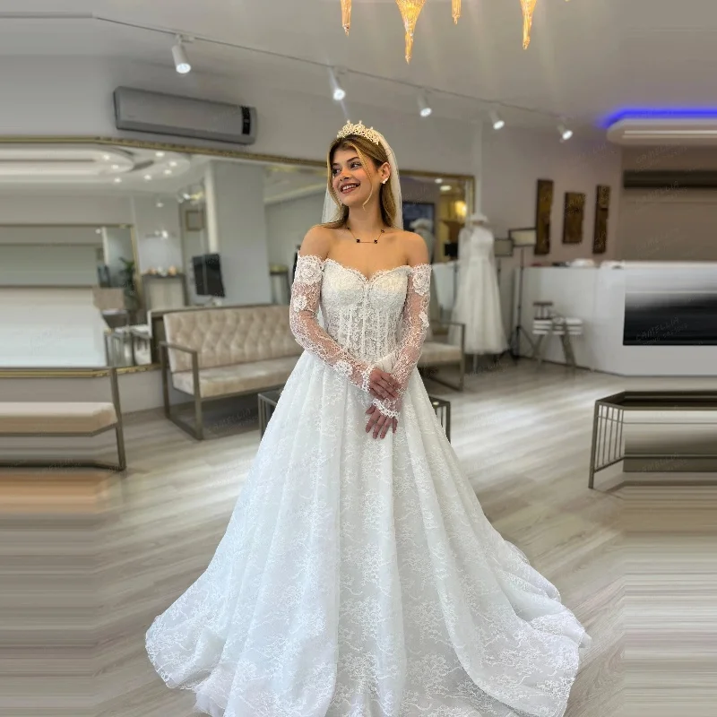 Robes De mariée élégantes personnalisées pour femmes, ligne A, dentelle, épaules dénudées, manches longues, robes De soirée, 2026