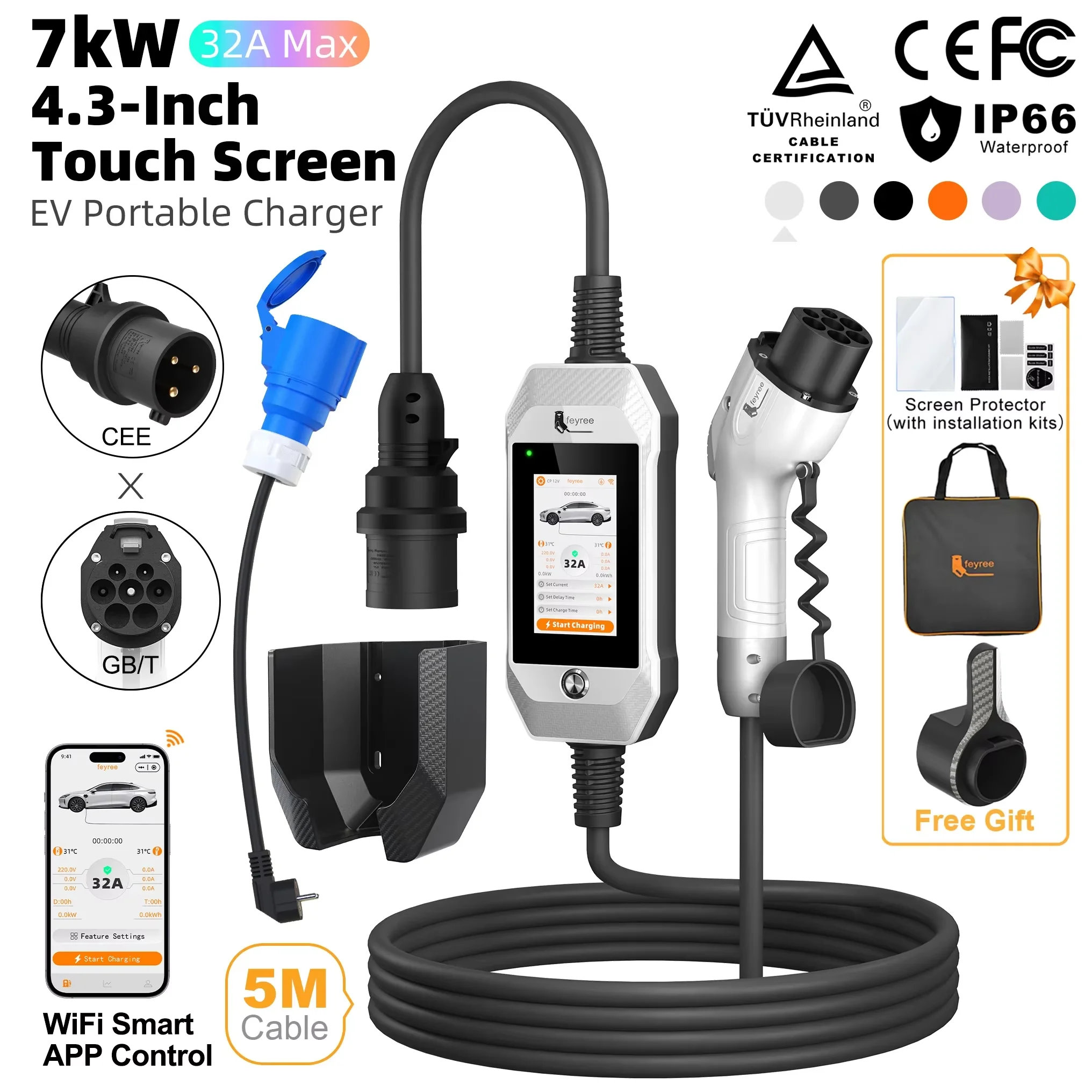 Feyree 7kW 32A 1P Touch ScreenGB/T EV Charger 4.3inch Smart WIFI APP Control EVSE Portable Charging Box for Electric Car Charge