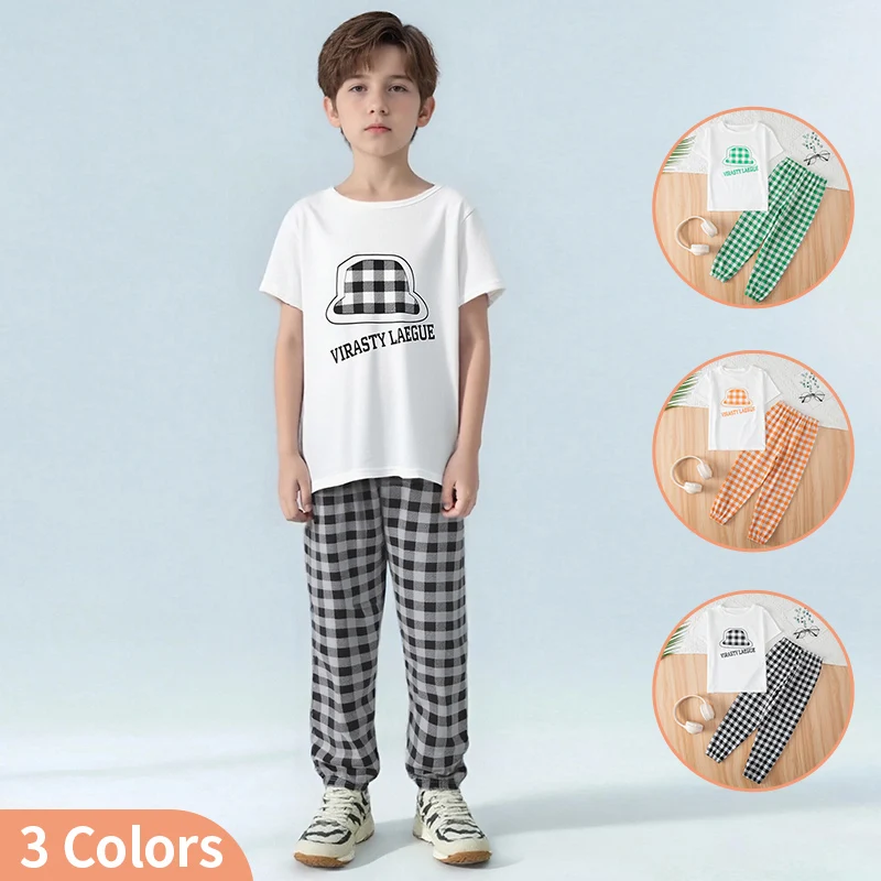 

Новый летний комплект из 2 предметов: футболка с коротким рукавом и шорты для мальчиков, повседневный спортивный костюм с кепкой, модные клетчатые брюки до щиколотки для девочек