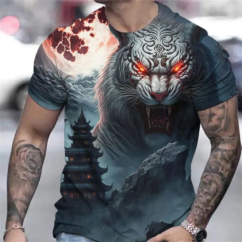 Tiger Fun Animal 3D Print Moon Tower Sports Quick Dry Breathable Men T-shirt Outdoor Street Loose Casual Fitness Short Sleeve