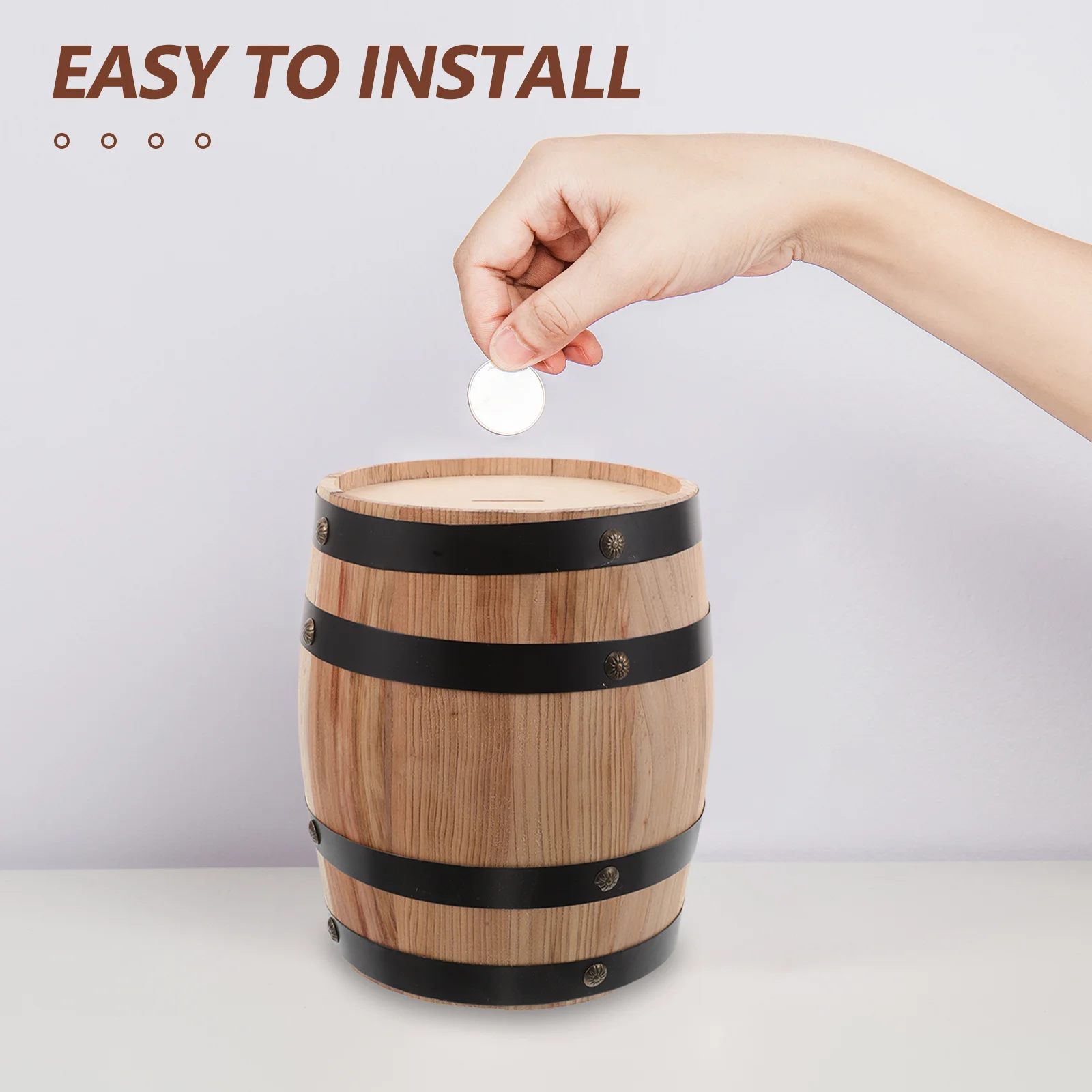 

Rustic Oak Barrel Piggy Bank Large Wood Saving Box Decorative Vintage Money Box for Christmas Holiday Christmas Saving Bank