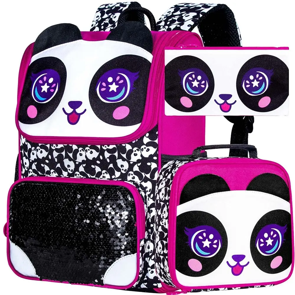 Kid's backpack 3PCS 15 Inch Hard Shell Set, Big Eyes Purple Panda Print, One Backpack + One Handbag + One Pencil Case