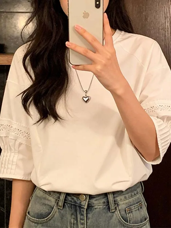

Summer New Style Large Size T-Shirt Korean Design Sensation Fashionable Lace Trim Splice Short Sleeve Women's City Commute