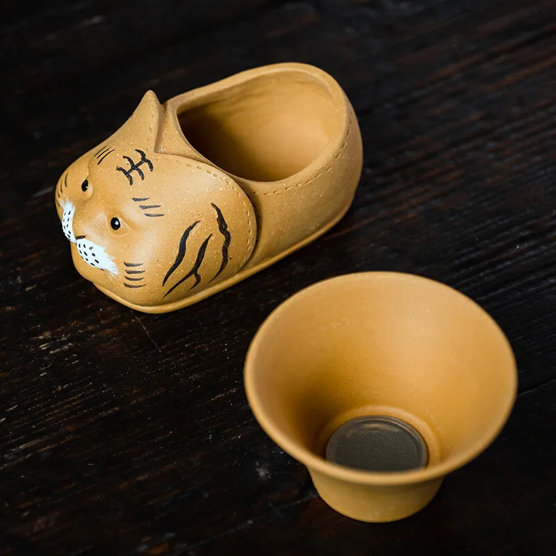 Tiger Pattern Holder Tea Strainer Net Set Yixing Zisha Duan Clay Handmade Craft