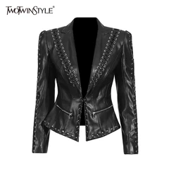 TWOTWINSTYLE Patchwork Lace Up Leather Jackets For Women V Neck Long Sleeve Tunic Slimming Designer Blazers Female Fashion New