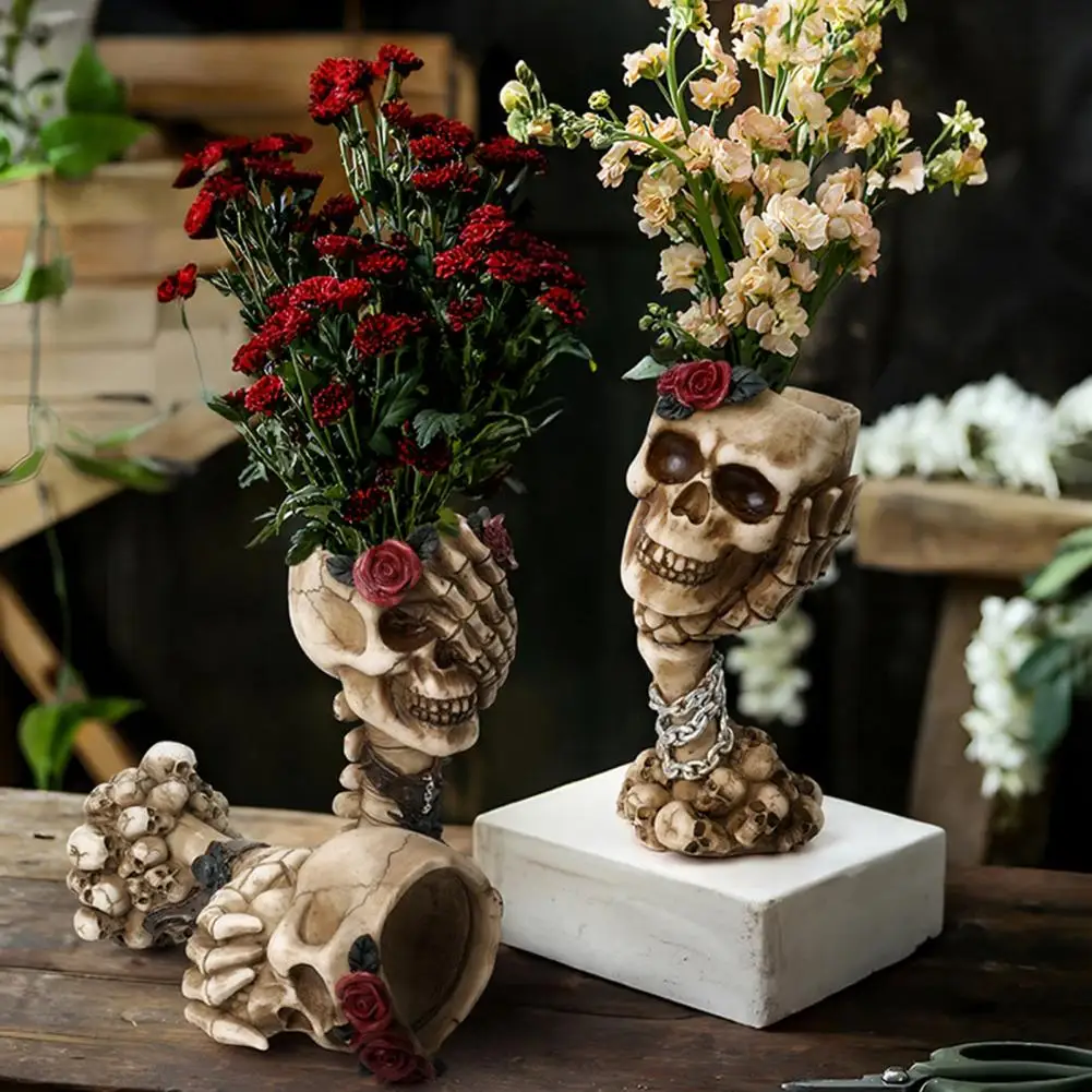 Skull Vase Ornament Resin Skull Decoration Hear No Evil Skull Vase with Rose Decor Skeleton Figurine for Halloween Altar