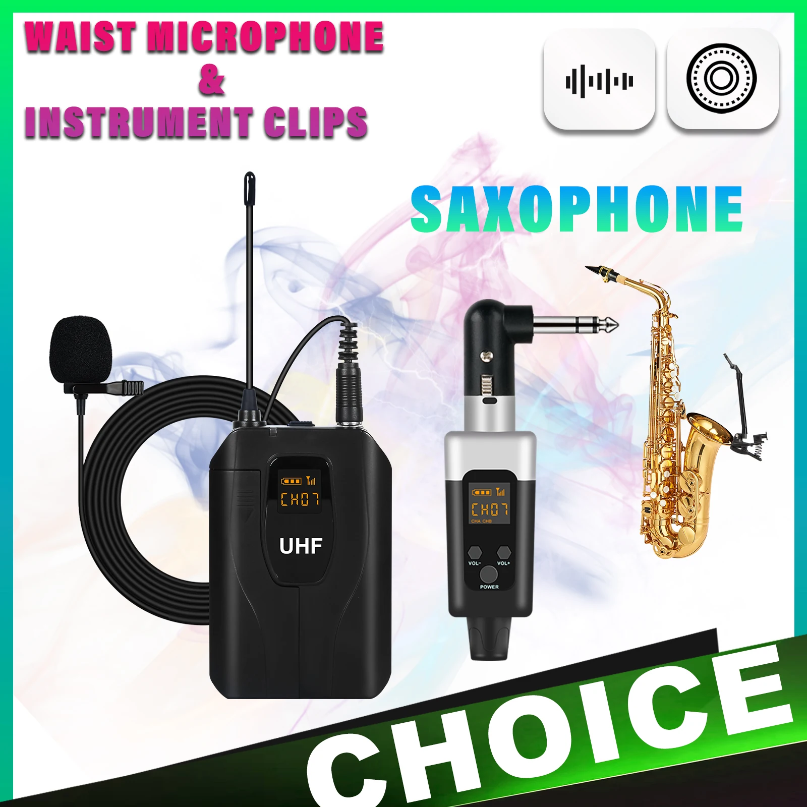 Wireless Saxophone Microphone with Adjustable Volume Waist Bag Collar Clip - Portable Hands-Free Mic for Musicians