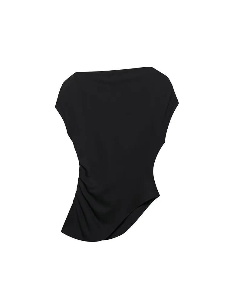 Nlzgmsj 2025 قطع علوية نسائية صيفية مكشكشة غير متماثلة قطع علوية قصيرة غير رسمية بدون أكمام ملابس الشارع الشهير